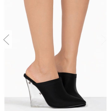 Black Lycra Wedge Heel Mules.